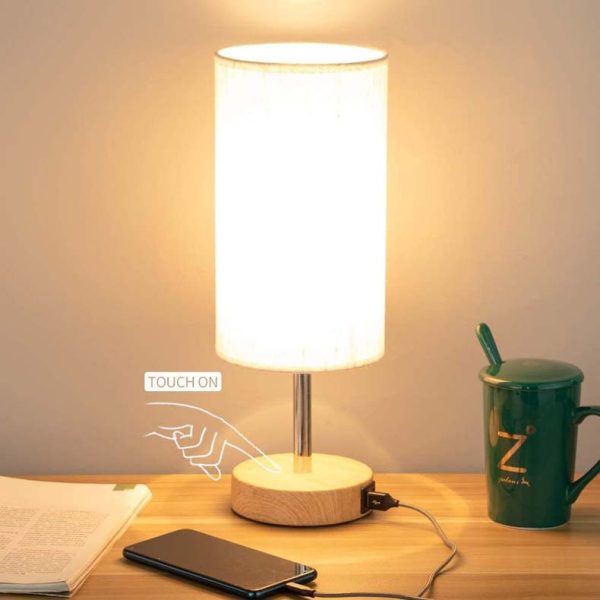 Wood base Dual USB touch three-speed dimming desk lamp