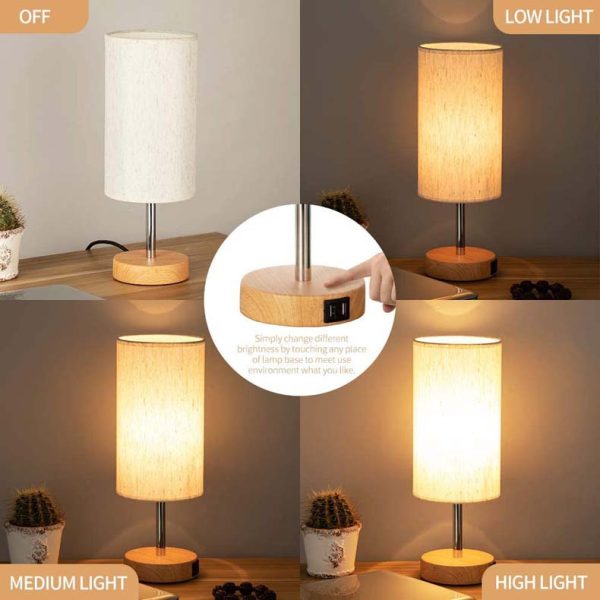 Wood base Dual USB touch three-speed dimming desk lamp